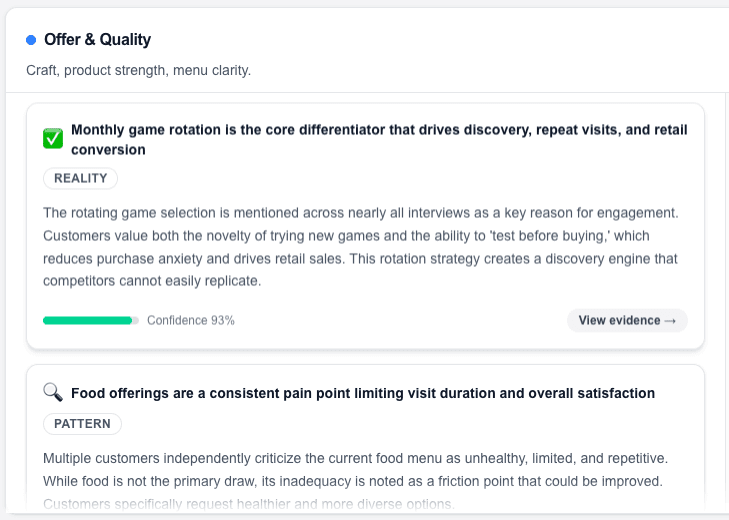 Offer & Quality insights showing product and service feedback