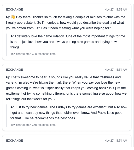 Interview transcripts view showing customer conversations